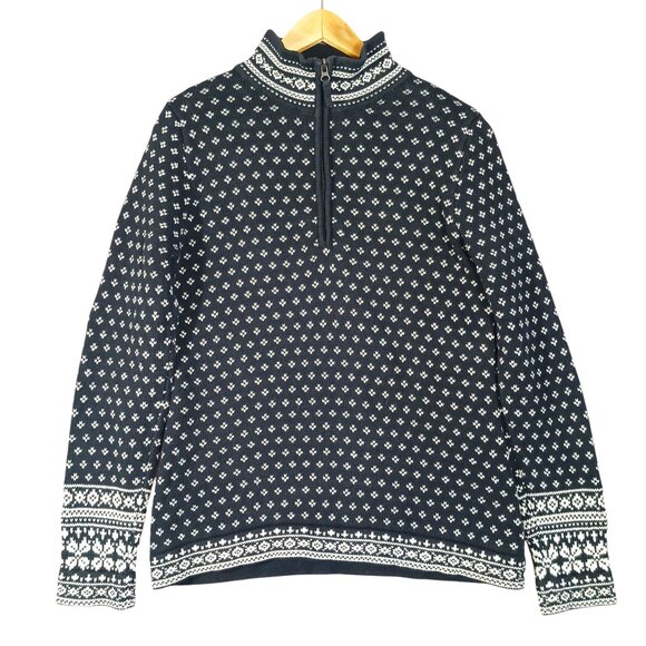 L.L. Bean, 100% Cotton, Nordic Fair Isle Sweater, 1/4 Zip, Black/White, Med.-Reg - Picture 1 of 16